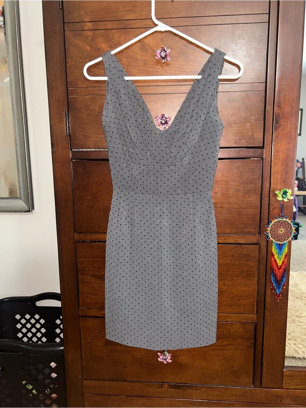 Stop Staring! Vintage style Gray Polka Dot Sleeveless V-Neck Mini Dress size S